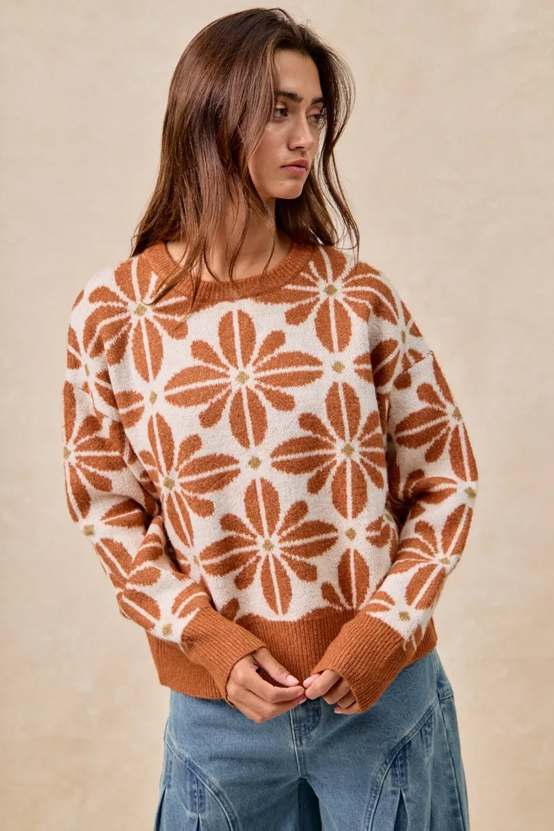 BiBi Flower Pattern Long Sleeve Sweater OutfitFlow