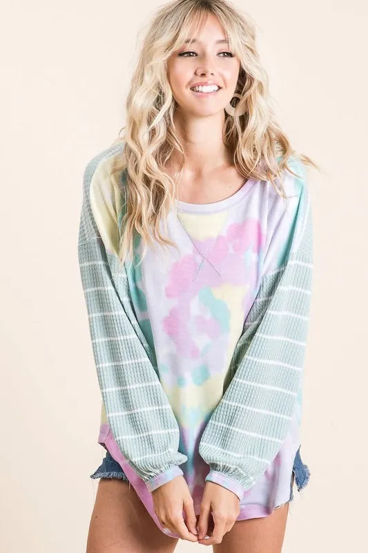 BiBi Tie Dye Terry Top with Wide Stripe Thermal Waffle OutfitFlow