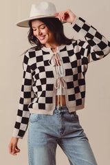 SO ME Tie Front Checkered Knitted Round Neck Cardigan Trendsi