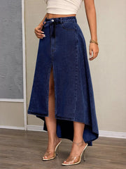High-Low Slit Denim Skirt OutfitFlow