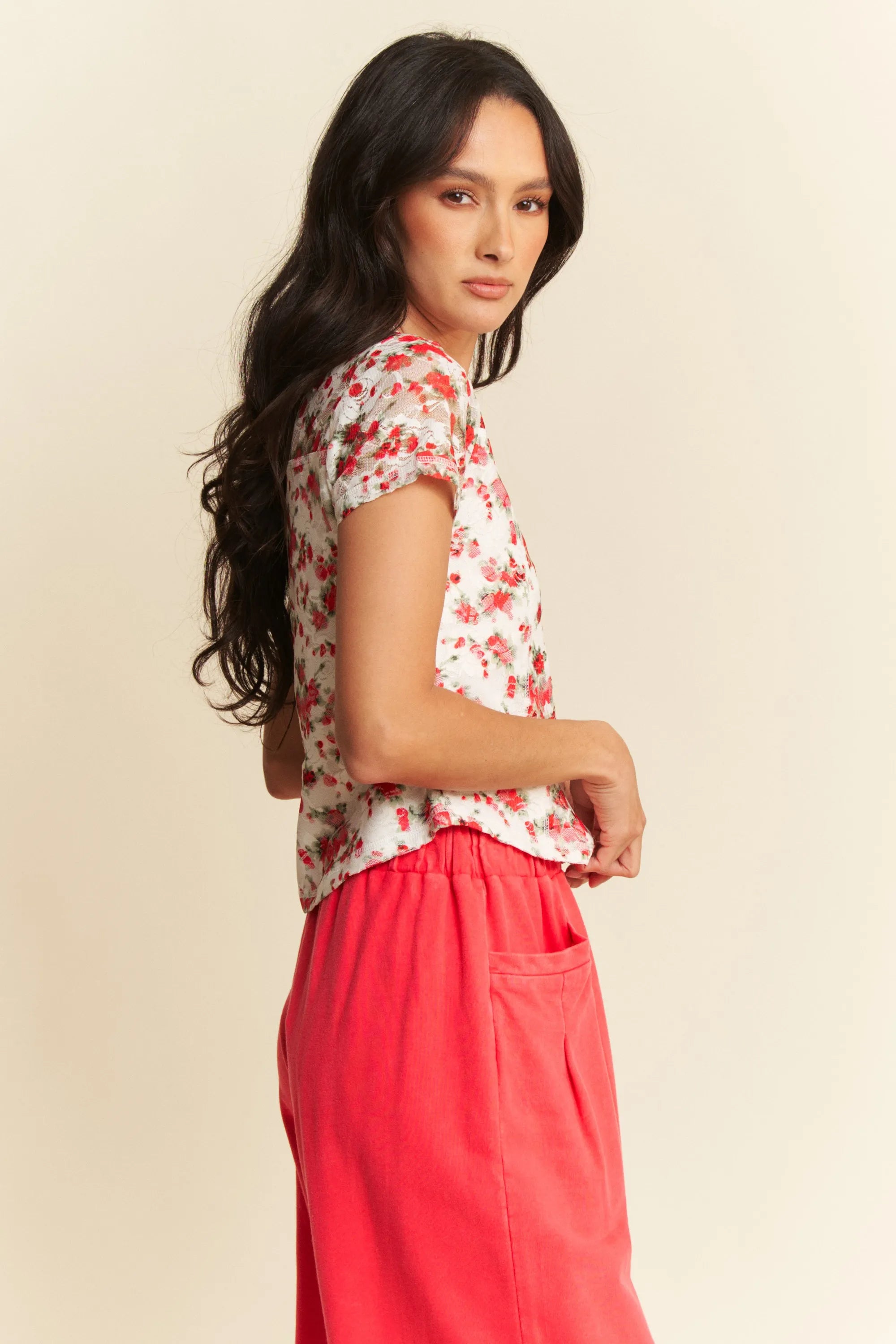 Davi & Dani Ribbon Short Sleeve Layered Mesh Top OutfitFlow