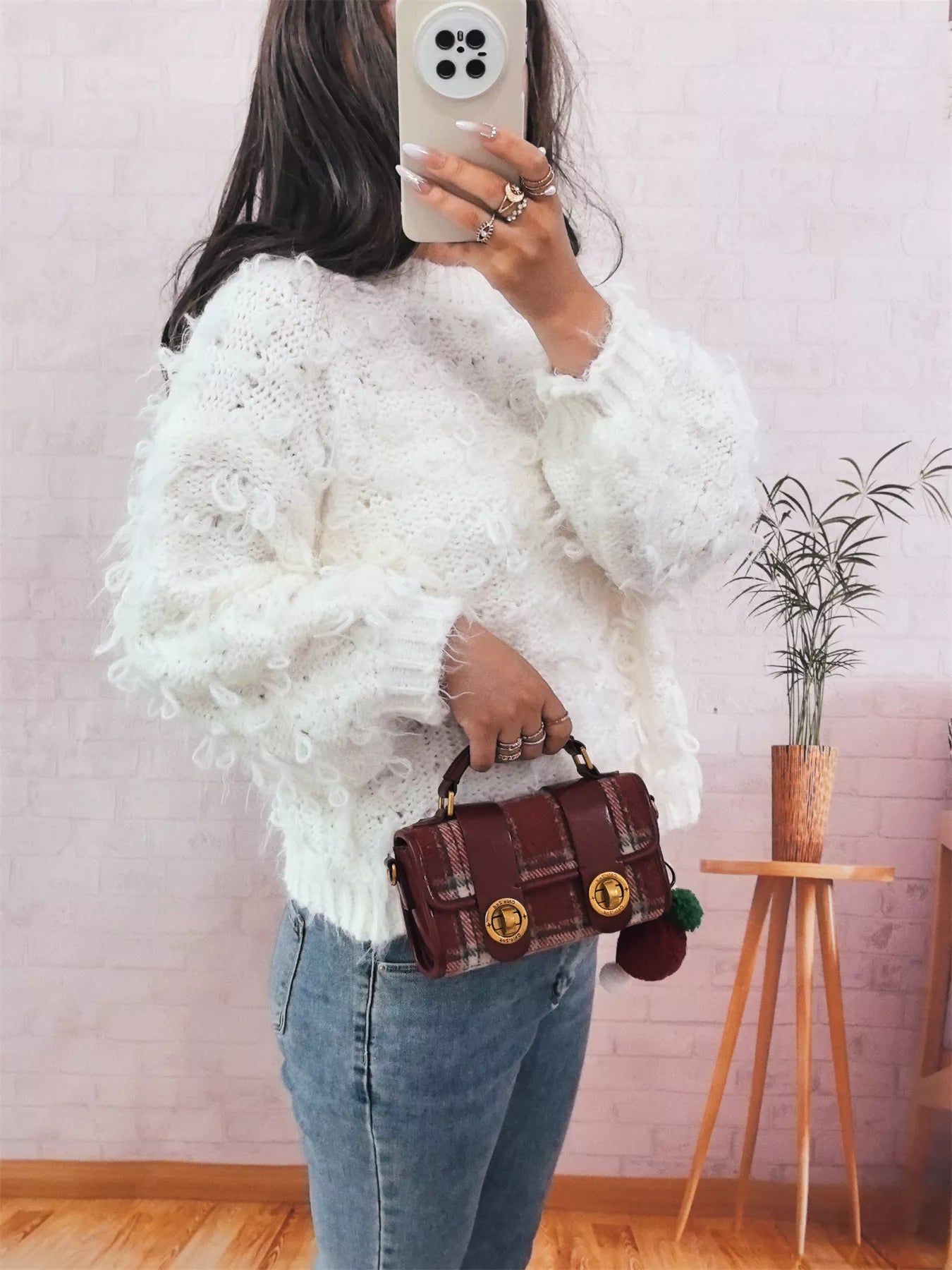 Chunky Round Neck Long Sleeve Sweater OutfitFlow