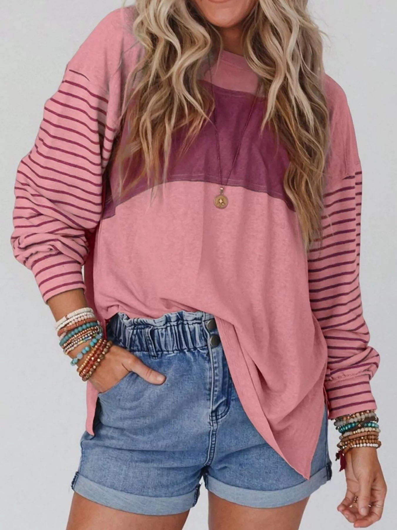 Striped Color Block Long Sleeve T-Shirt OutfitFlow