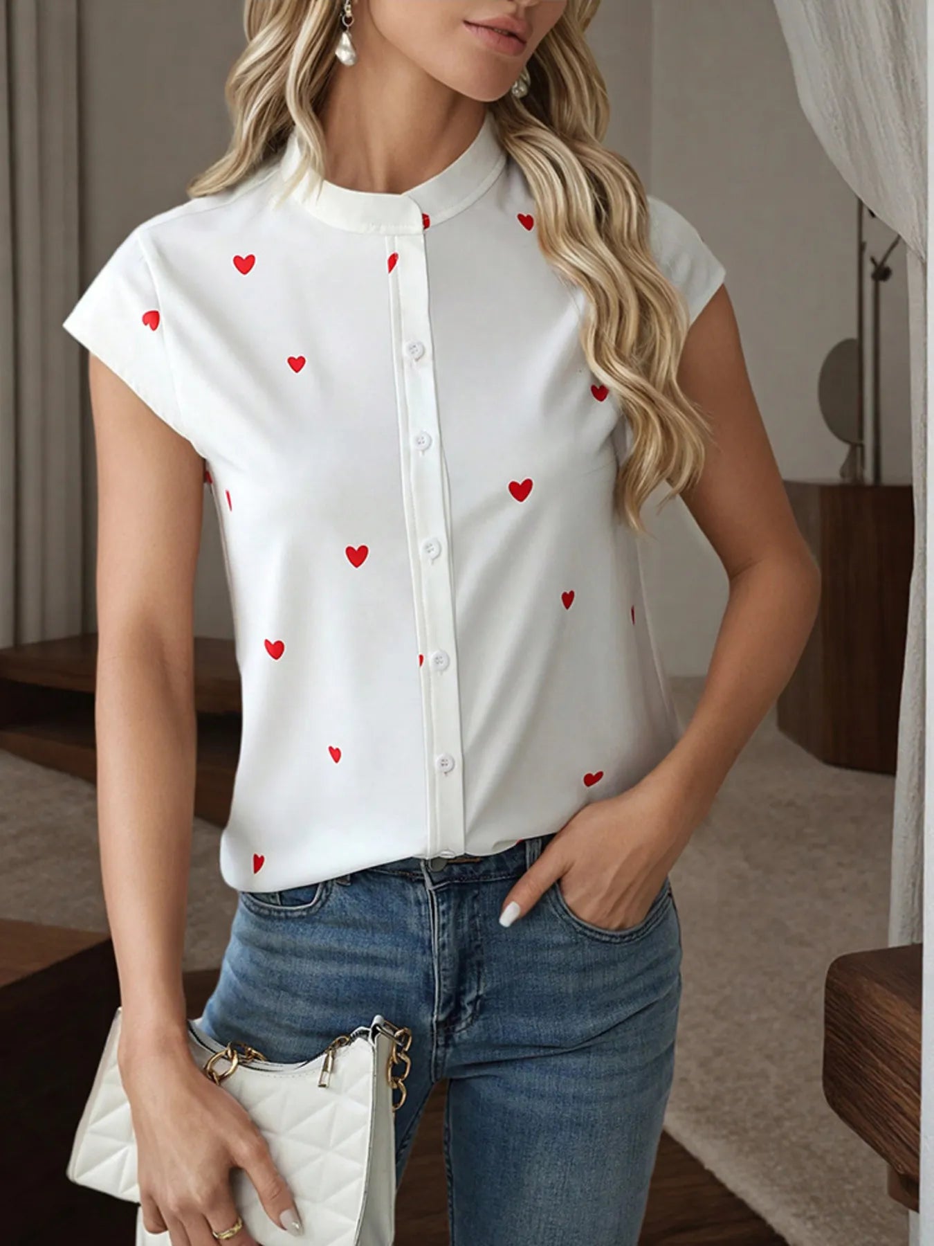 Heart Print Cap Sleeve Button-Up Shirt OutfitFlow