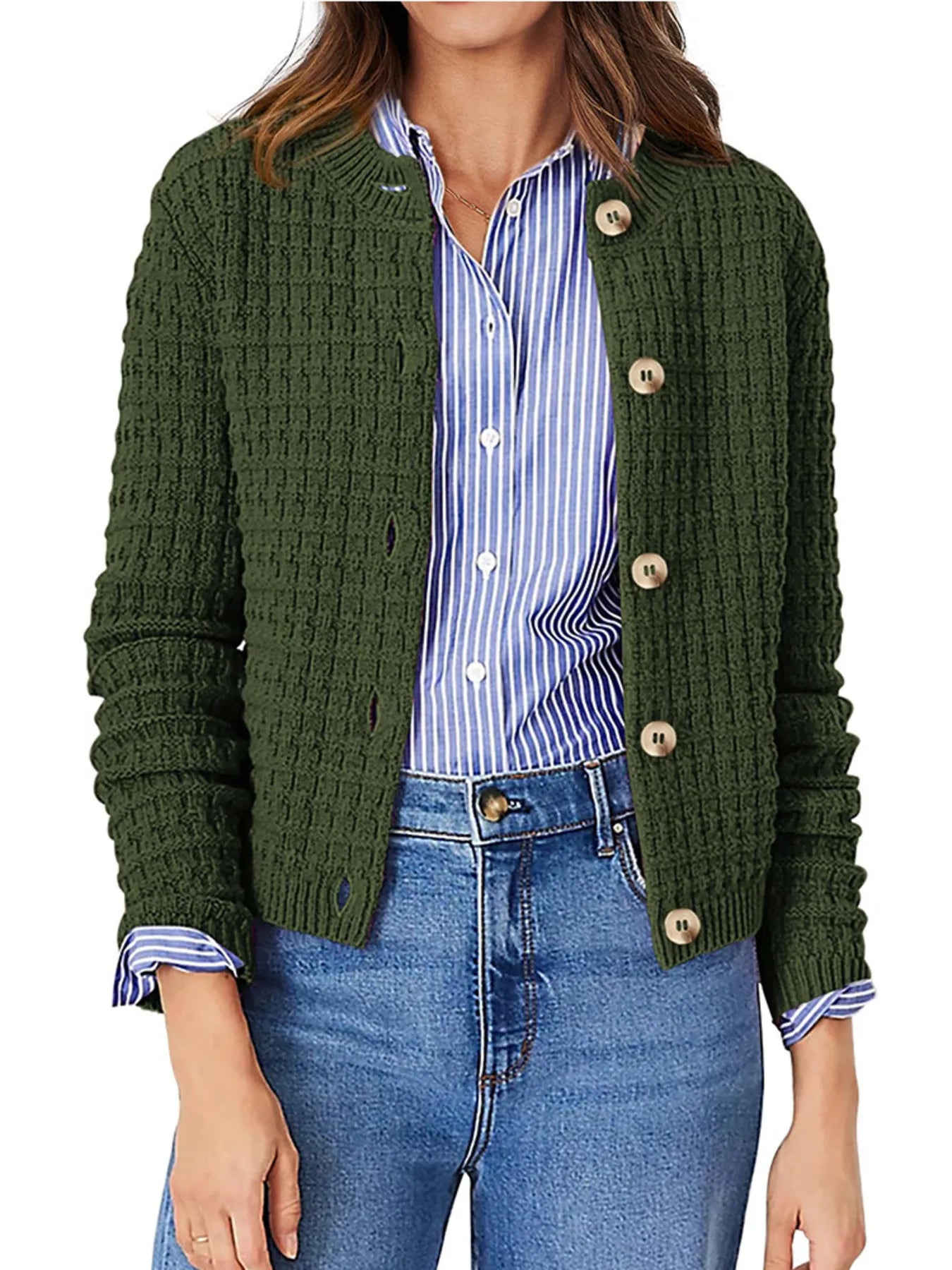 Textured Knit Button-Front Cardigan Army Green OutfitFlow