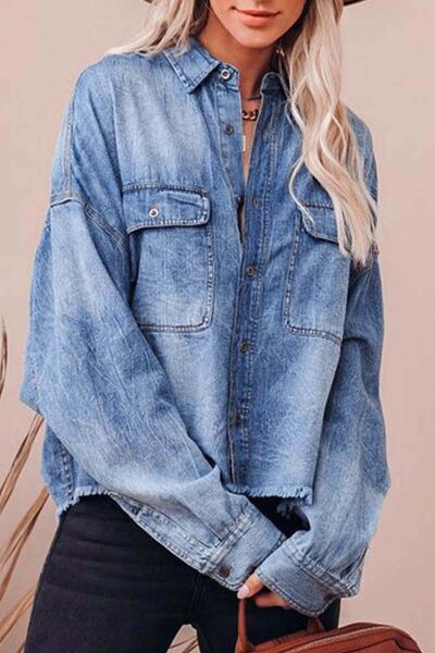 Collared Neck Raw Hem Long Sleeve Denim Shirt OutfitFlow