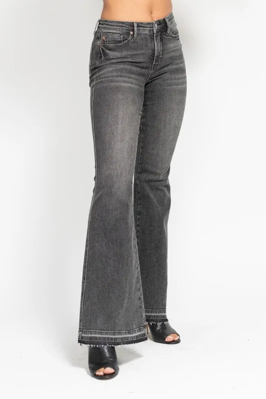 Judy Blue Full Size Mid Rise Tummy Control Washed Gray Release Hem Flare Jeans Plus Size OutfitFlow