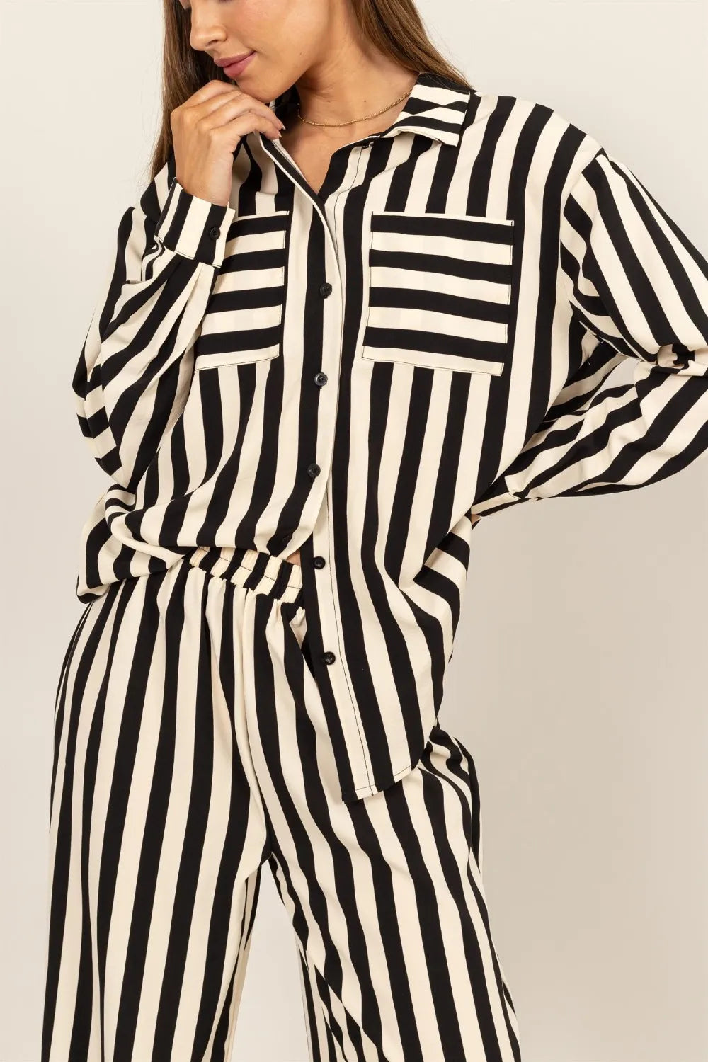 HYFVE Striped Button Up Shirt and Pants Set OutfitFlow