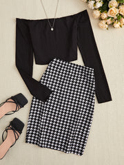 Outfit Flow - Off-Shoulder Long Sleeve Top and Houndstooth Skirt Set