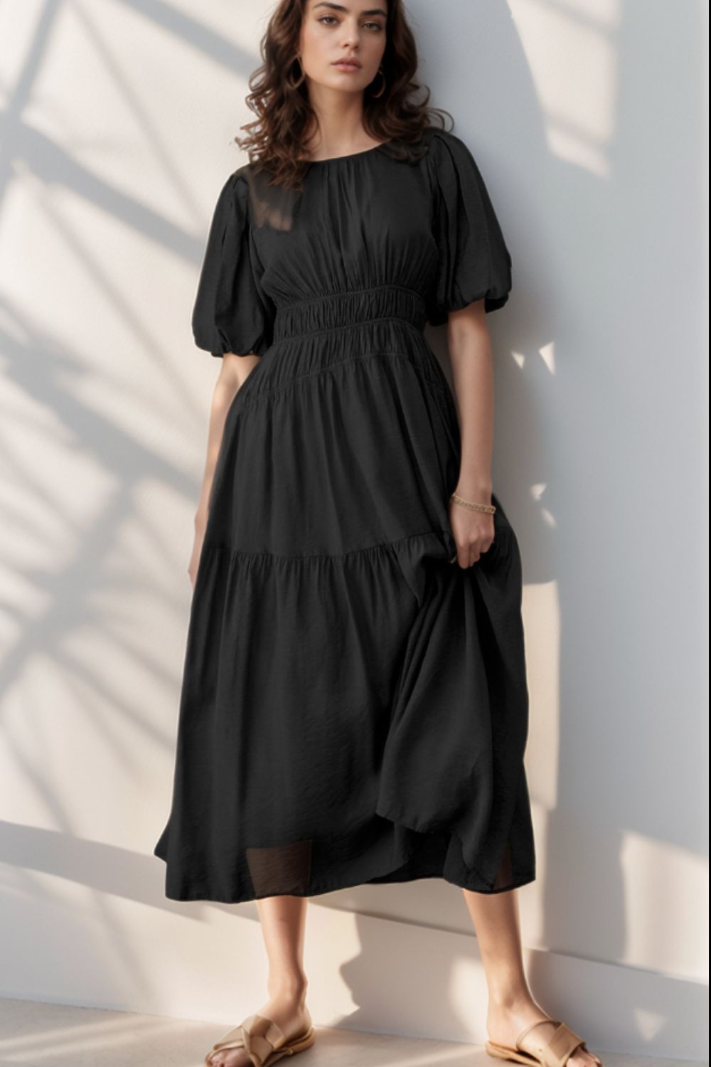 Puff Sleeve Pleated High Waist Flowy Midi Dress OutfitFlow