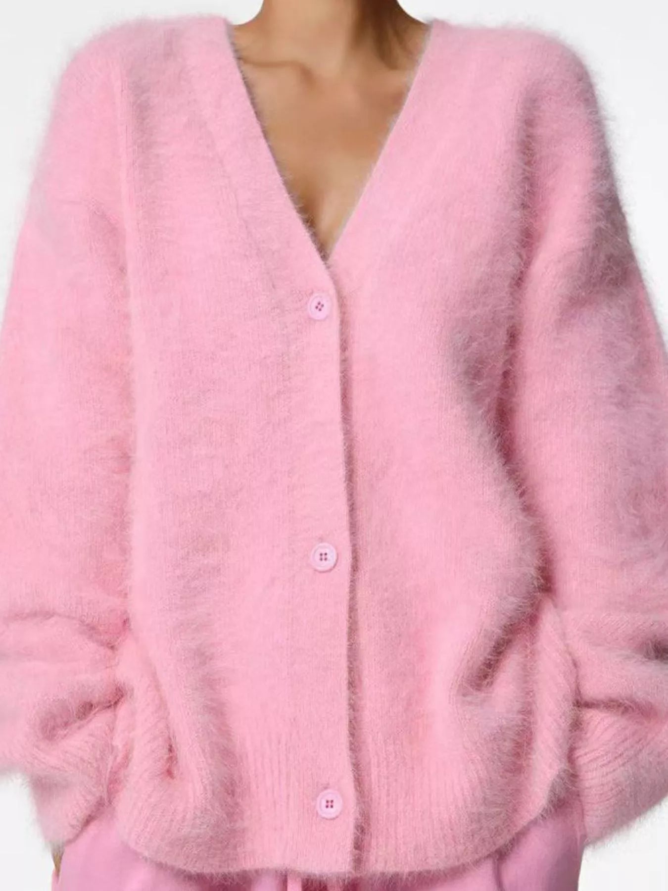 V-Neck Button-Down Cardigan Pink OutfitFlow