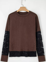 Sheer Lace Patchwork Casual Long Sleeve Top OutfitFlow