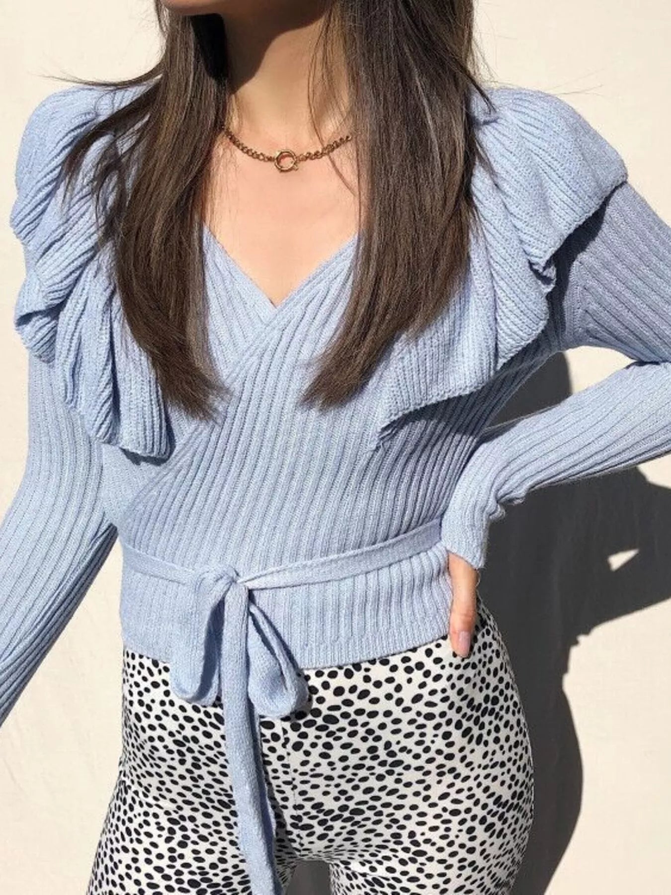 Ruffled Surplice Long Sleeve Knit Top OutfitFlow