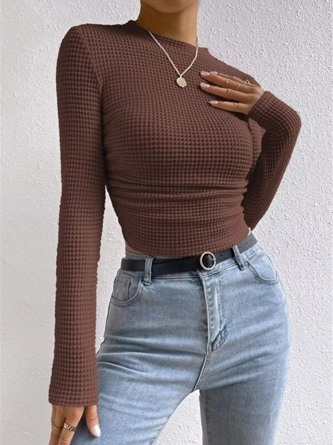 Waffle Knit Long Sleeve T-Shirt Brown OutfitFlow