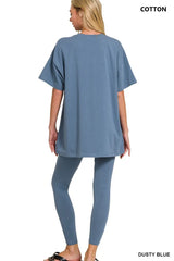 Zenana Cotton Round Neck Top & Legging Set OutfitFlow