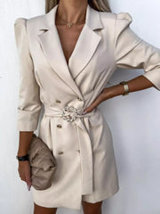 3/4 Sleeve Belted Blazer Dress OutfitFlow