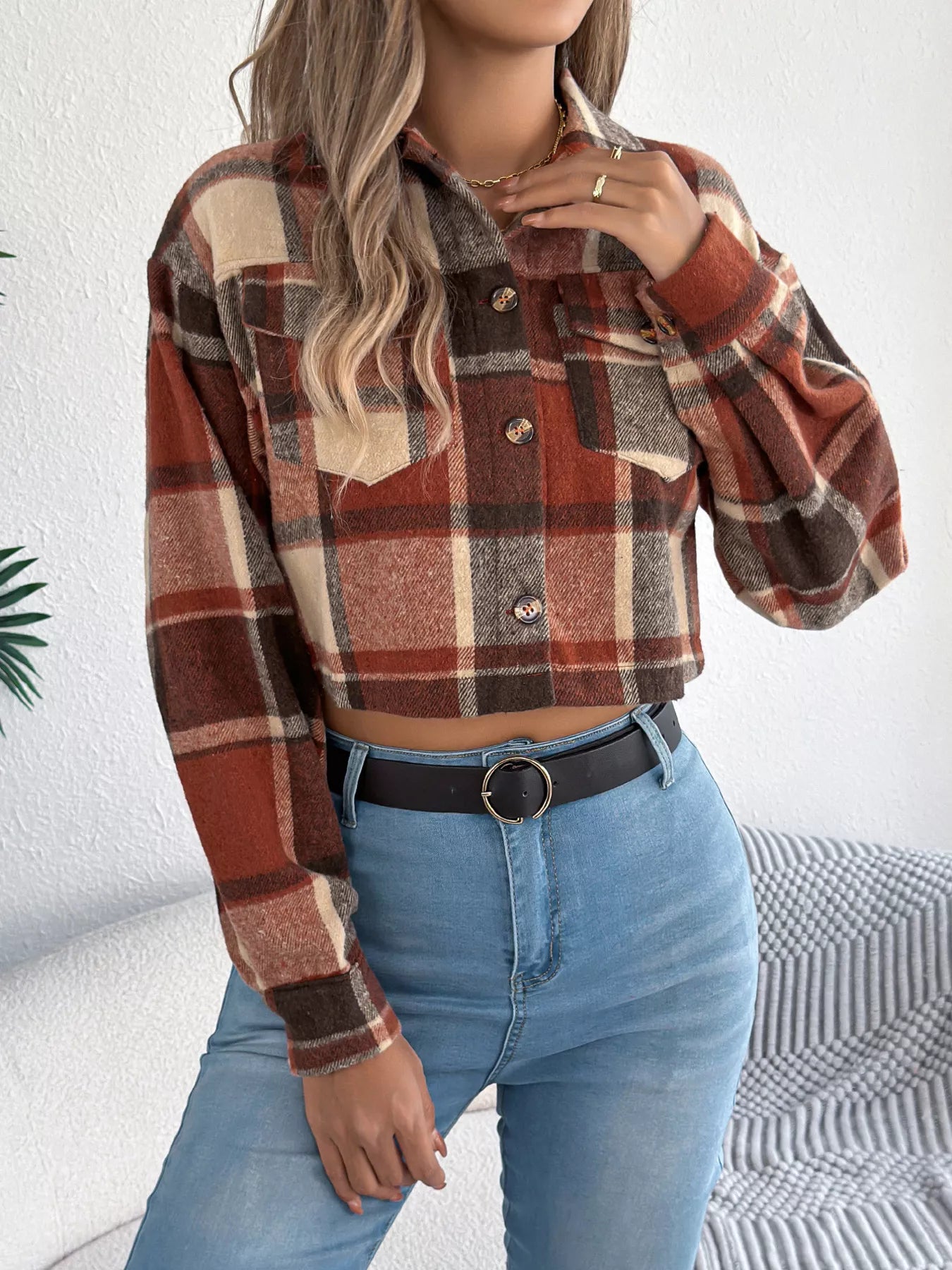 Plaid Button Up Cropped Jacket Trendsi