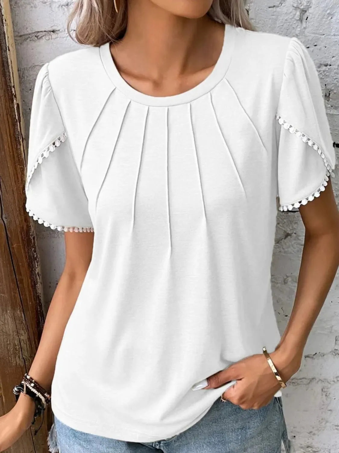 Full Size Round Neck Petal Sleeve Blouse Plus Size White OutfitFlow