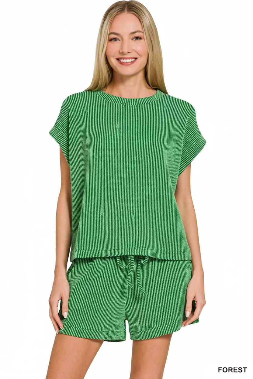 Zenana Raised Rib Cap Sleeve Top & Shorts Set OutfitFlow