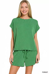 Zenana Raised Rib Cap Sleeve Top & Shorts Set OutfitFlow