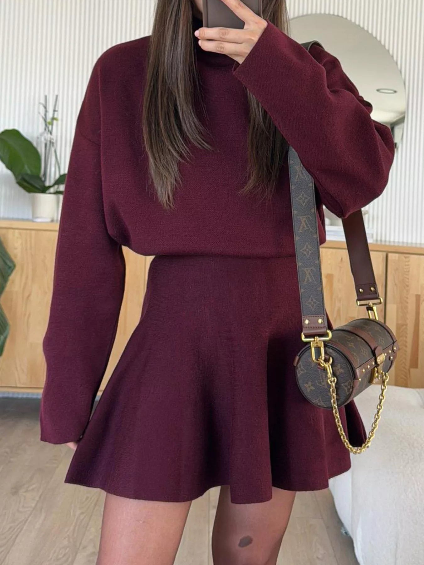 Round Neck Long Sleeve Mini Sweater Dress Burgundy OutfitFlow