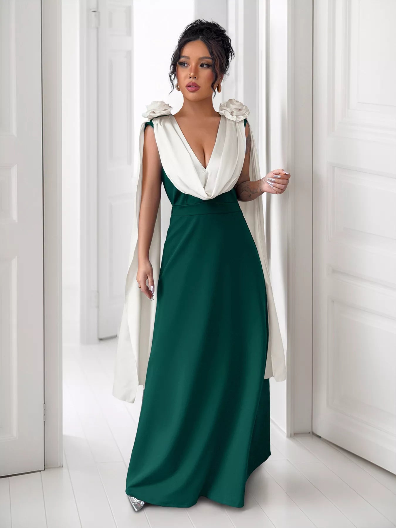 Floral Applique Two Tone Maxi Dress Dark Green OutfitFlow