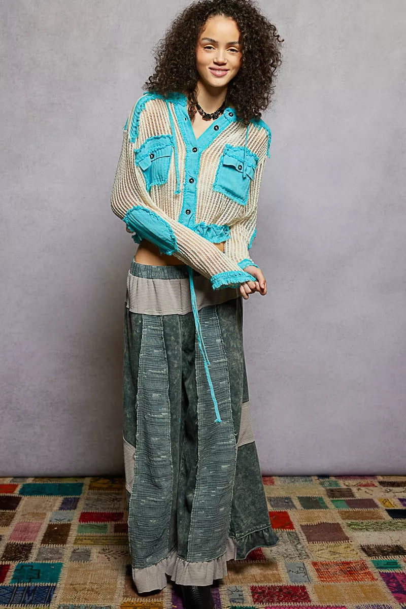 POL Texture Woven Button Down Hooded Shirt with Drawstring Hem OutfitFlow