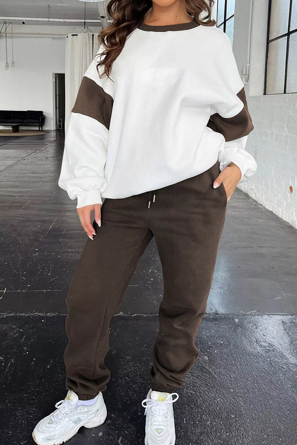 Drop Shoulder Loose Sweatshirt and Joggers Active Set Chocolate OutfitFlow