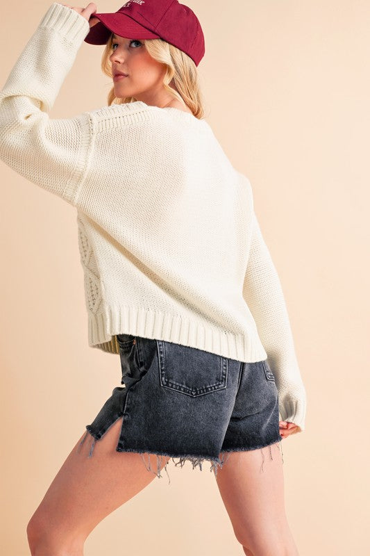 Outfit Flow - Aemi+Co Contrast Number Cable Knit Drop Shoulder Sweater