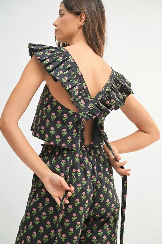 MABLE Floral Print Ruffle Top and Pants Set OutfitFlow