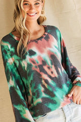BiBi Tie Dye Print Terry Top with Puff Sleeves OutfitFlow
