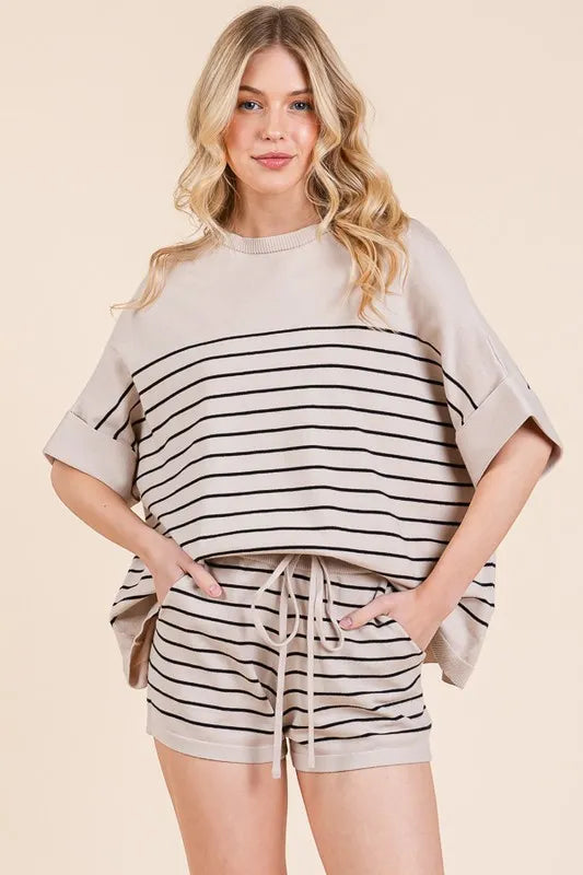 Lime 'N' Chili Striped Folded Half Sleeve Top and Shorts Set OutfitFlow