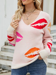 Colorful Lips V-Neck Sweater OutfitFlow
