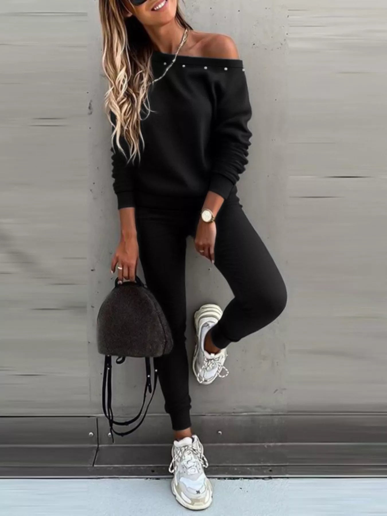 One-Shoulder Pearl Embellished Top and Pants Set Black OutfitFlow