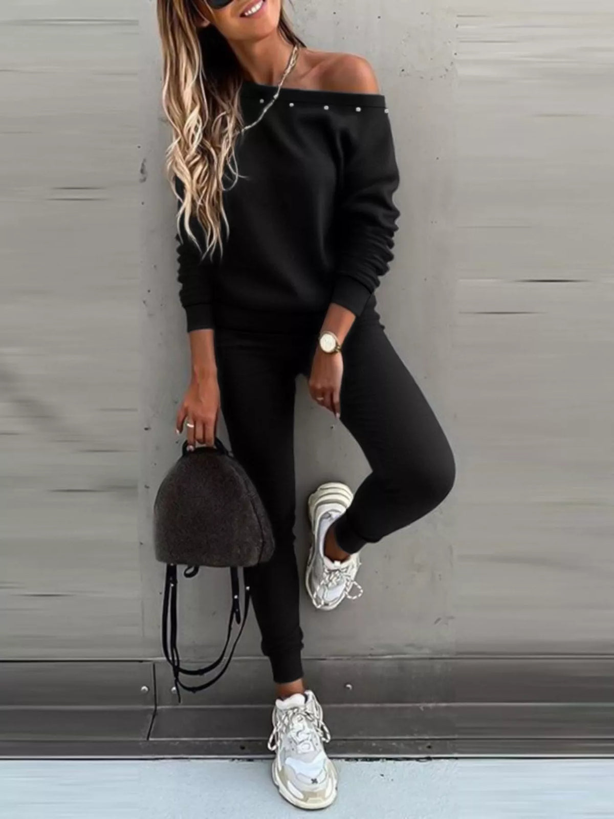 One-Shoulder Pearl Embellished Top and Pants Set Black OutfitFlow