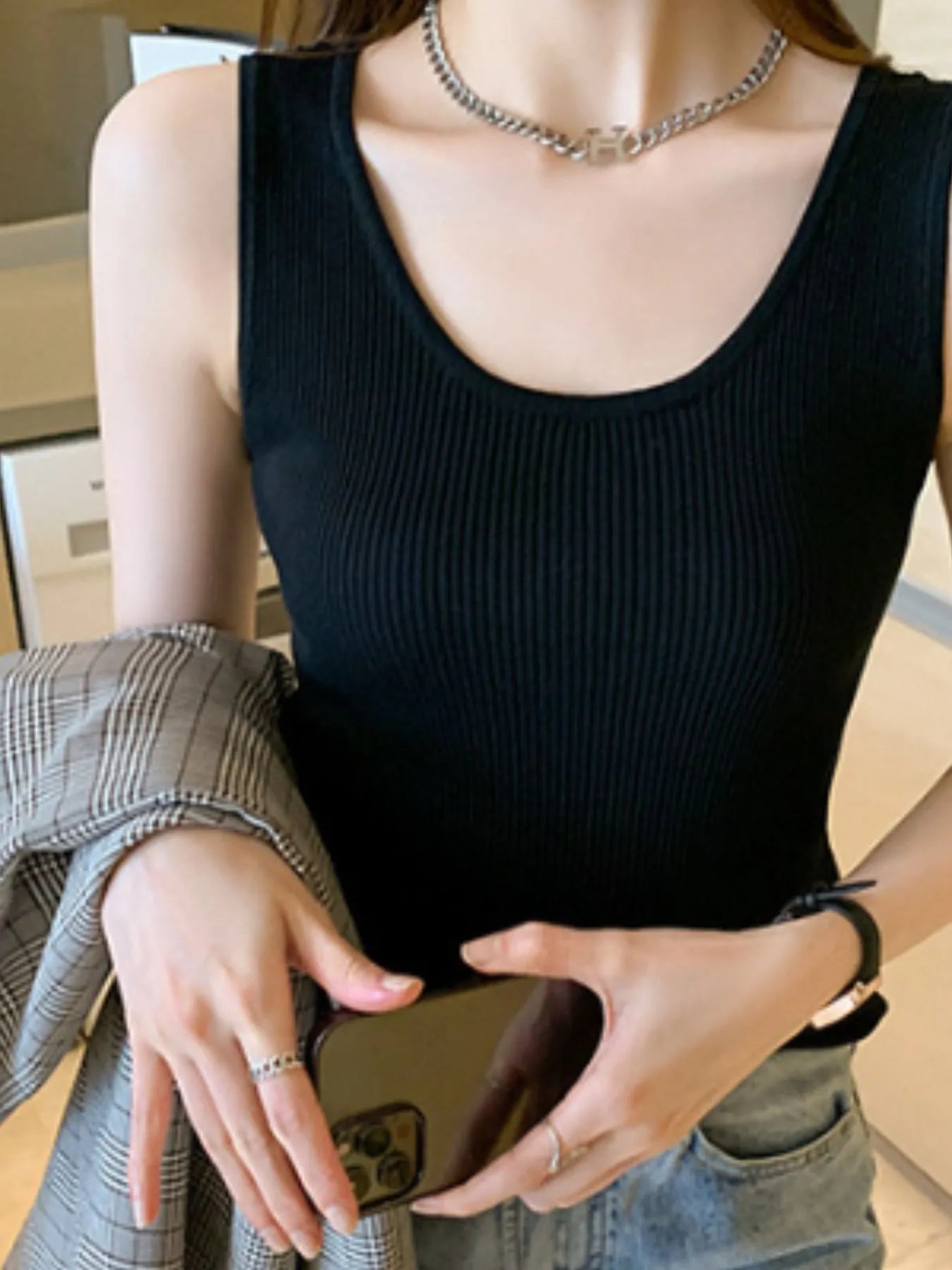 Plus Size Ribbed Scoop Neck Tank OutfitFlow