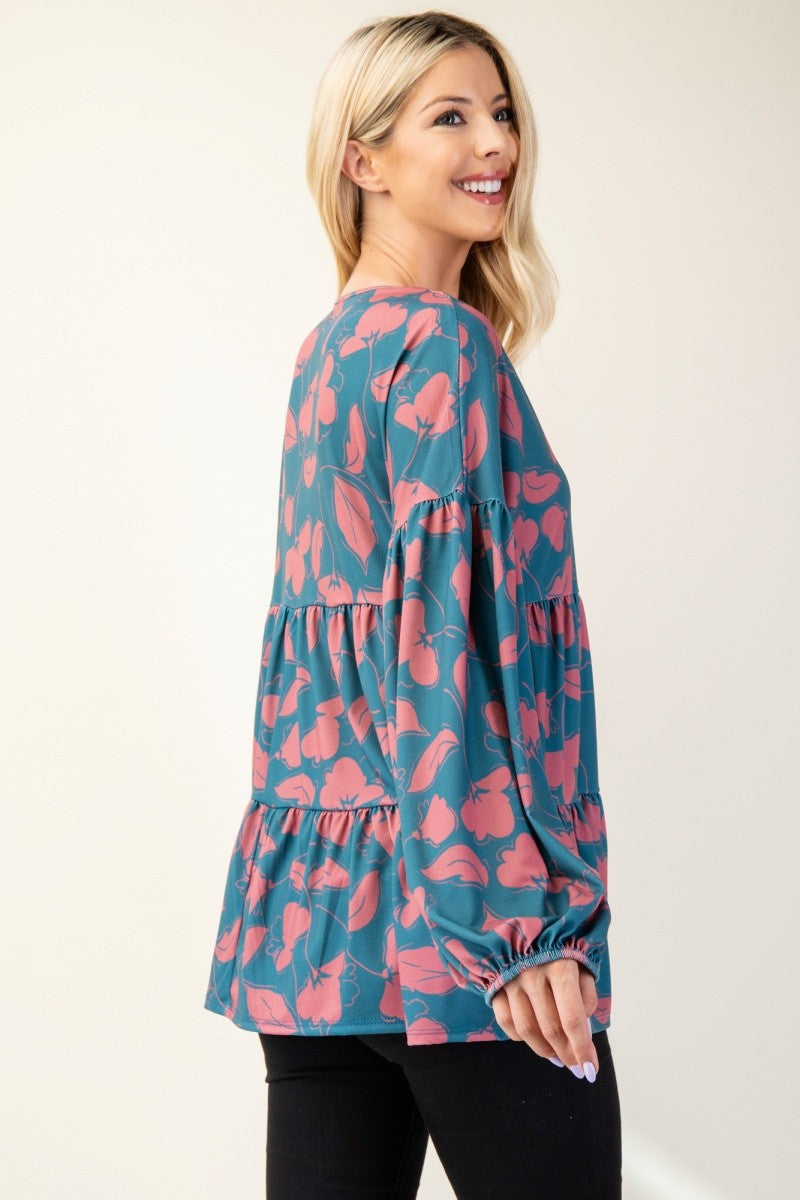 Outfit Flow - Celeste Full Size Tiered Floral V-Neck Long Sleeve Blouse