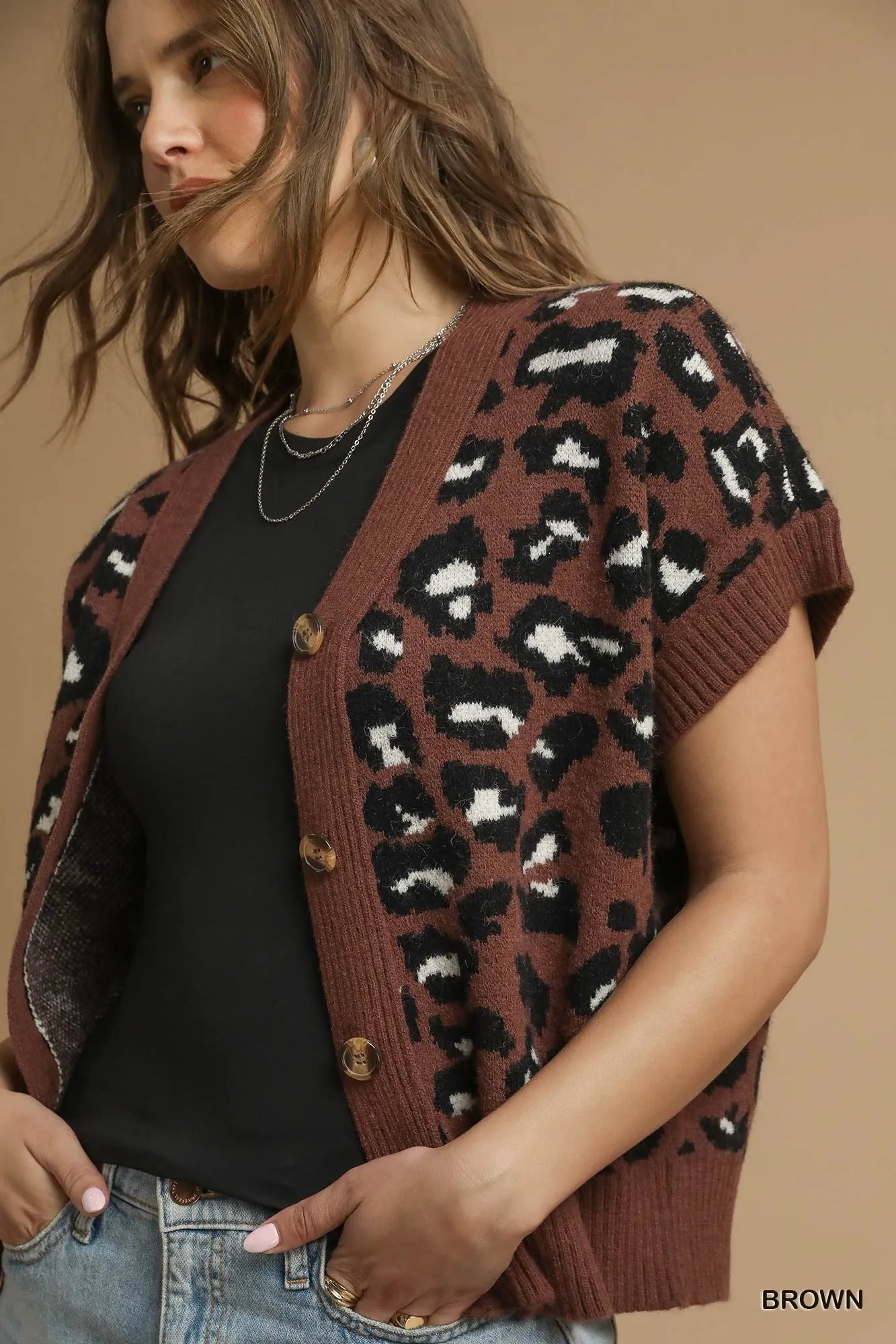 Umgee Leopard Button Down Short Sleeve Cardigan Trendsi