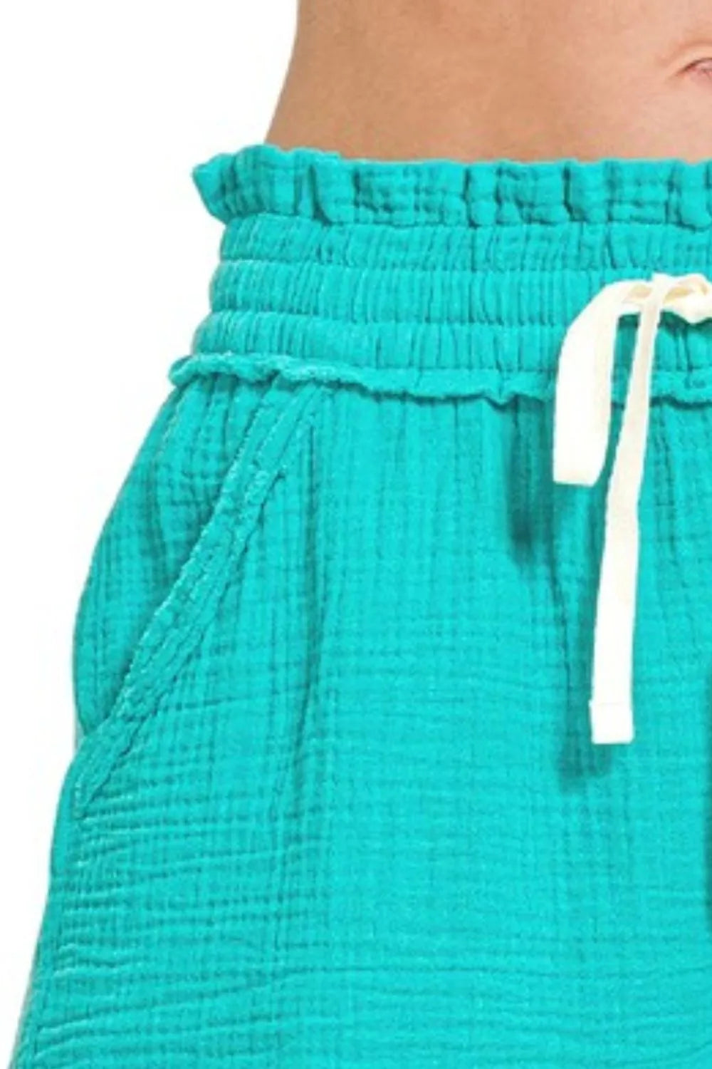 Zenana Double Gauze Elasticband Drawstring Waist Shorts OutfitFlow