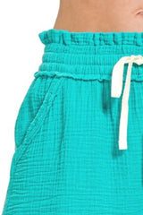 Zenana Double Gauze Elasticband Drawstring Waist Shorts OutfitFlow