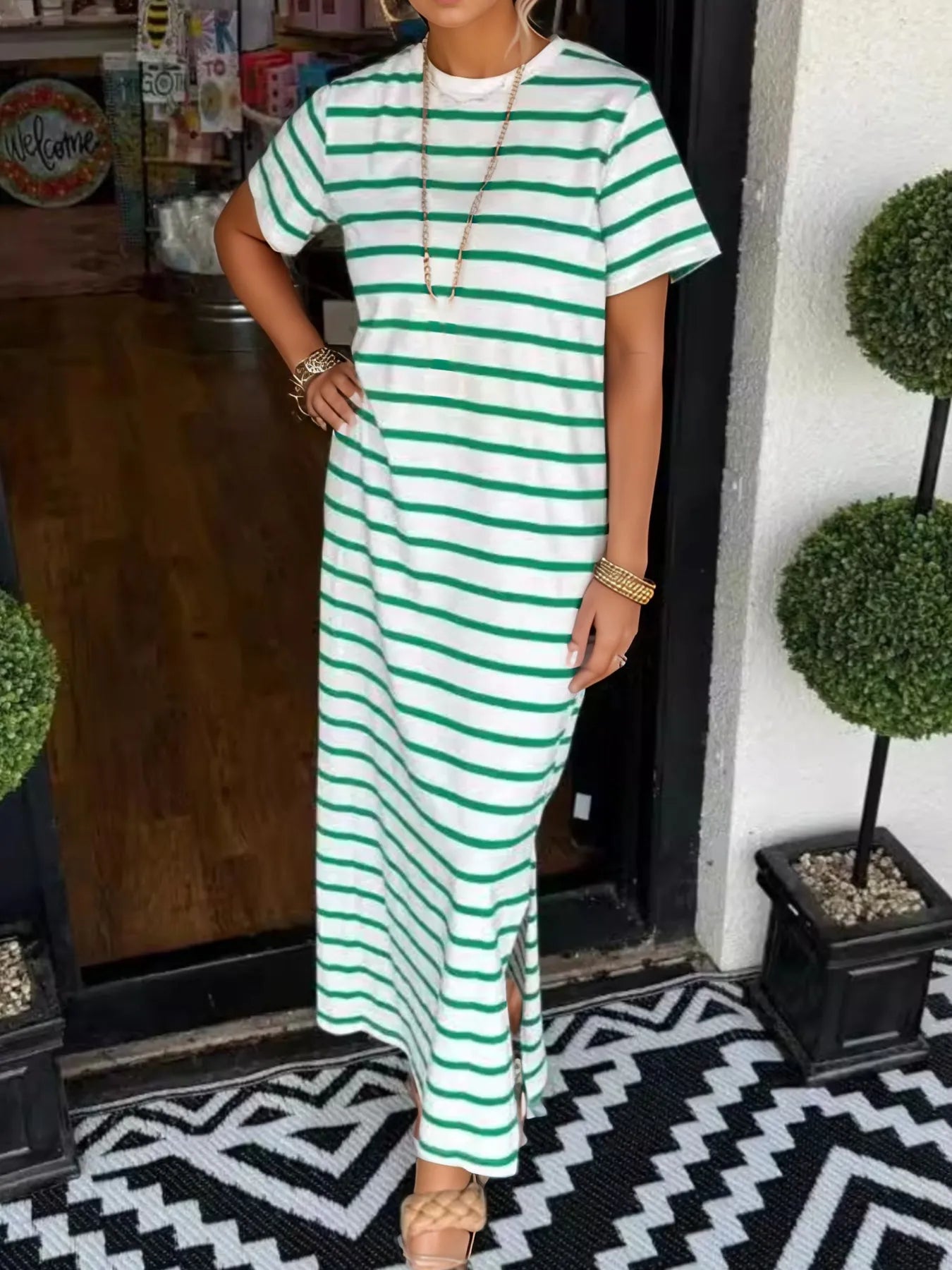 Full Size Striped T-Shirt Maxi Dress with Side Slit Plus Size Green OutfitFlow