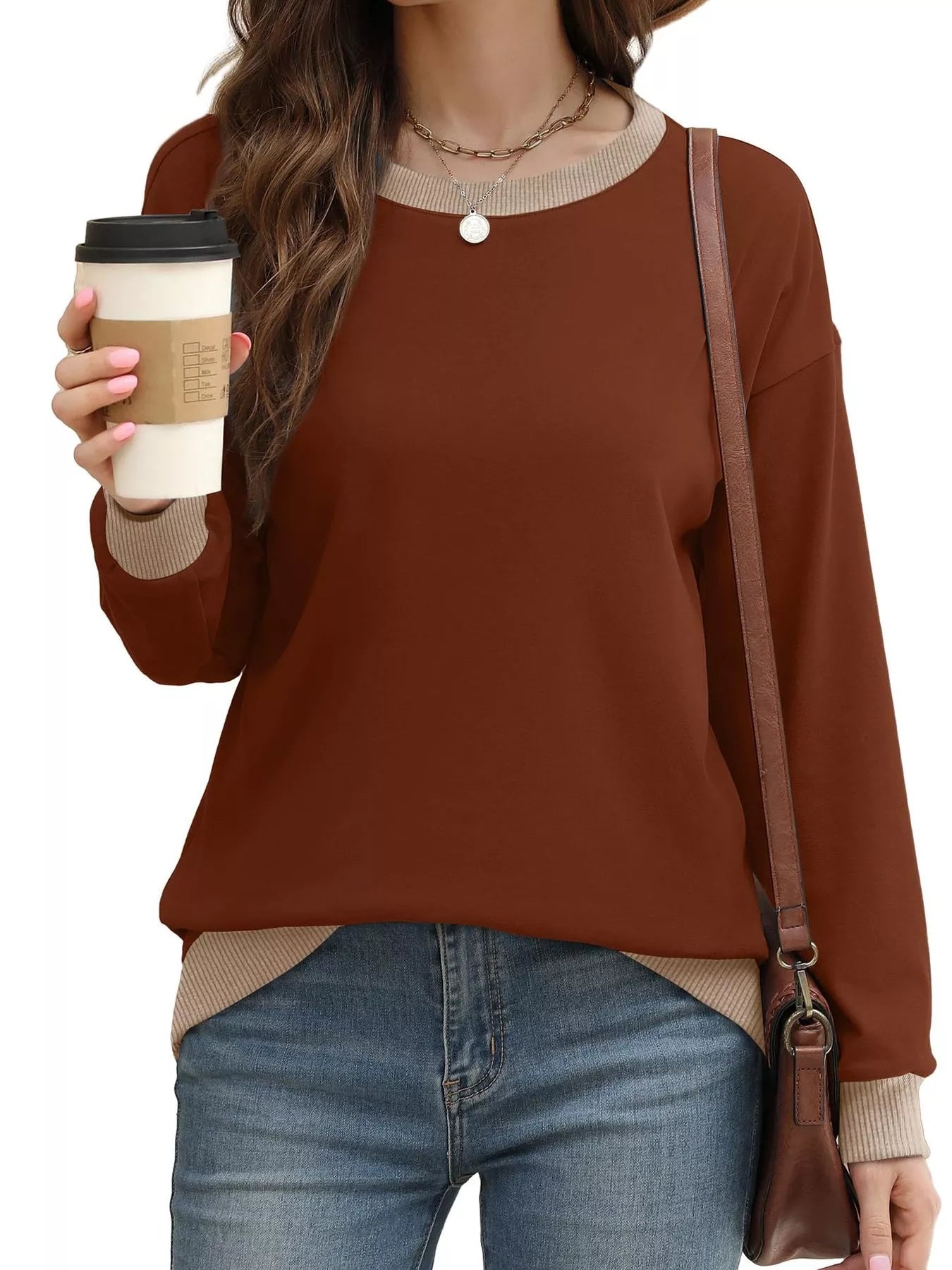 Contrast Trim Crew Neck Casual Sweatshirt OutfitFlow