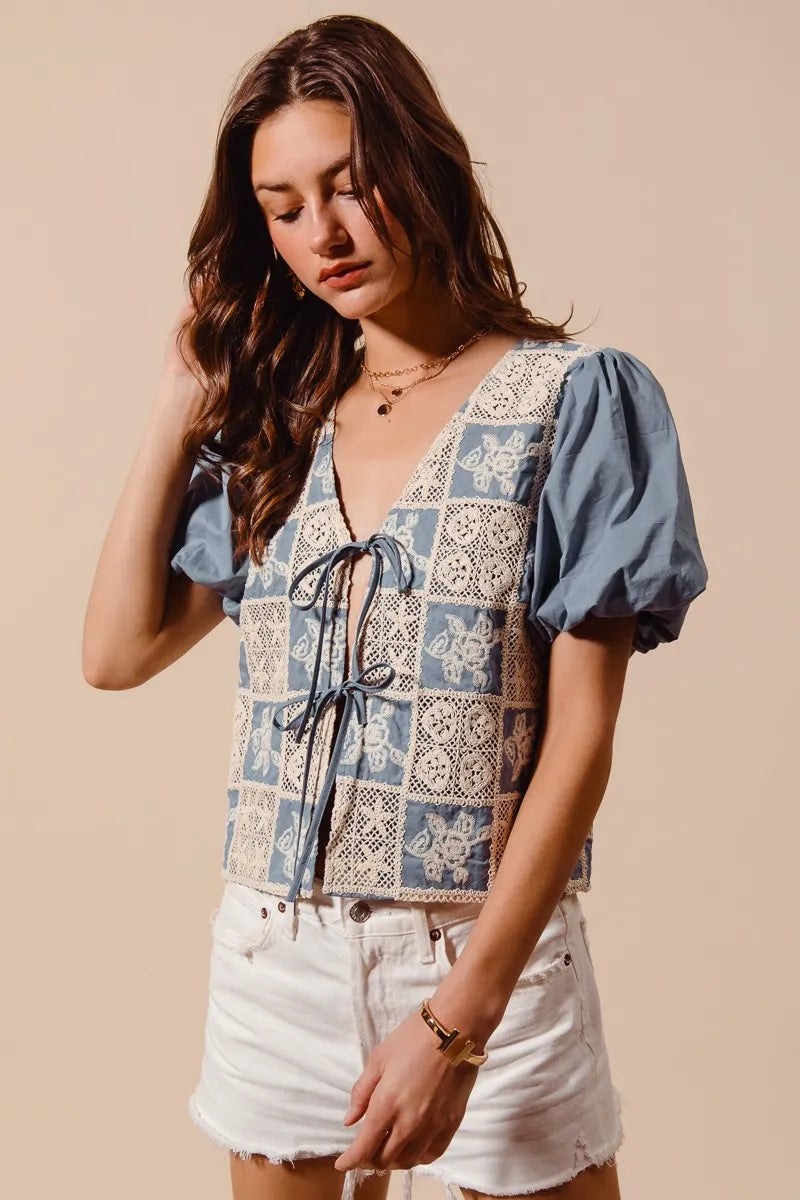 SO ME Crochet Lace Tie Front V Neck Blouse Top OutfitFlow