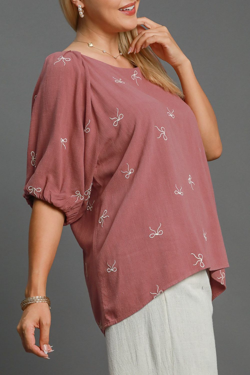 Umgee Full Size Linen Blend Ribbon Embroidered Top Plus Size OutfitFlow