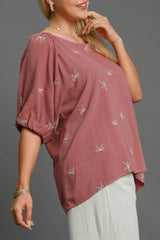 Umgee Full Size Linen Blend Ribbon Embroidered Top Plus Size OutfitFlow