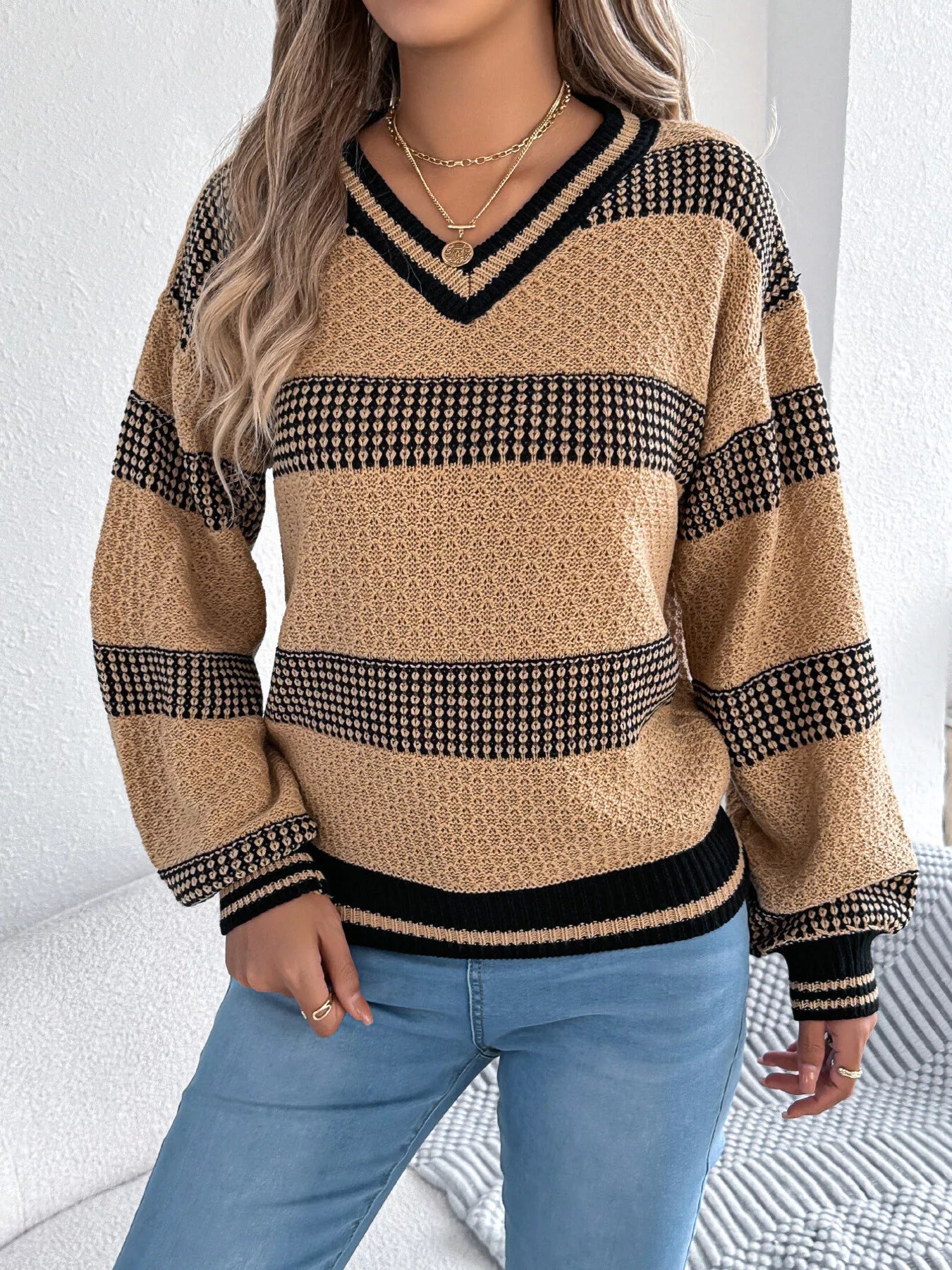 Contrast Striped V-Neck Sweater OutfitFlow