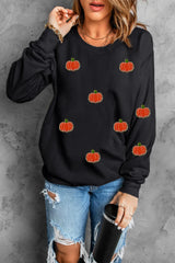 Pumpkin Round Neck Long Sleeve Sweatshirt OutfitFlow