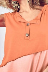 BiBi Color Block Contrast Stitching Buttoned Henley Top OutfitFlow