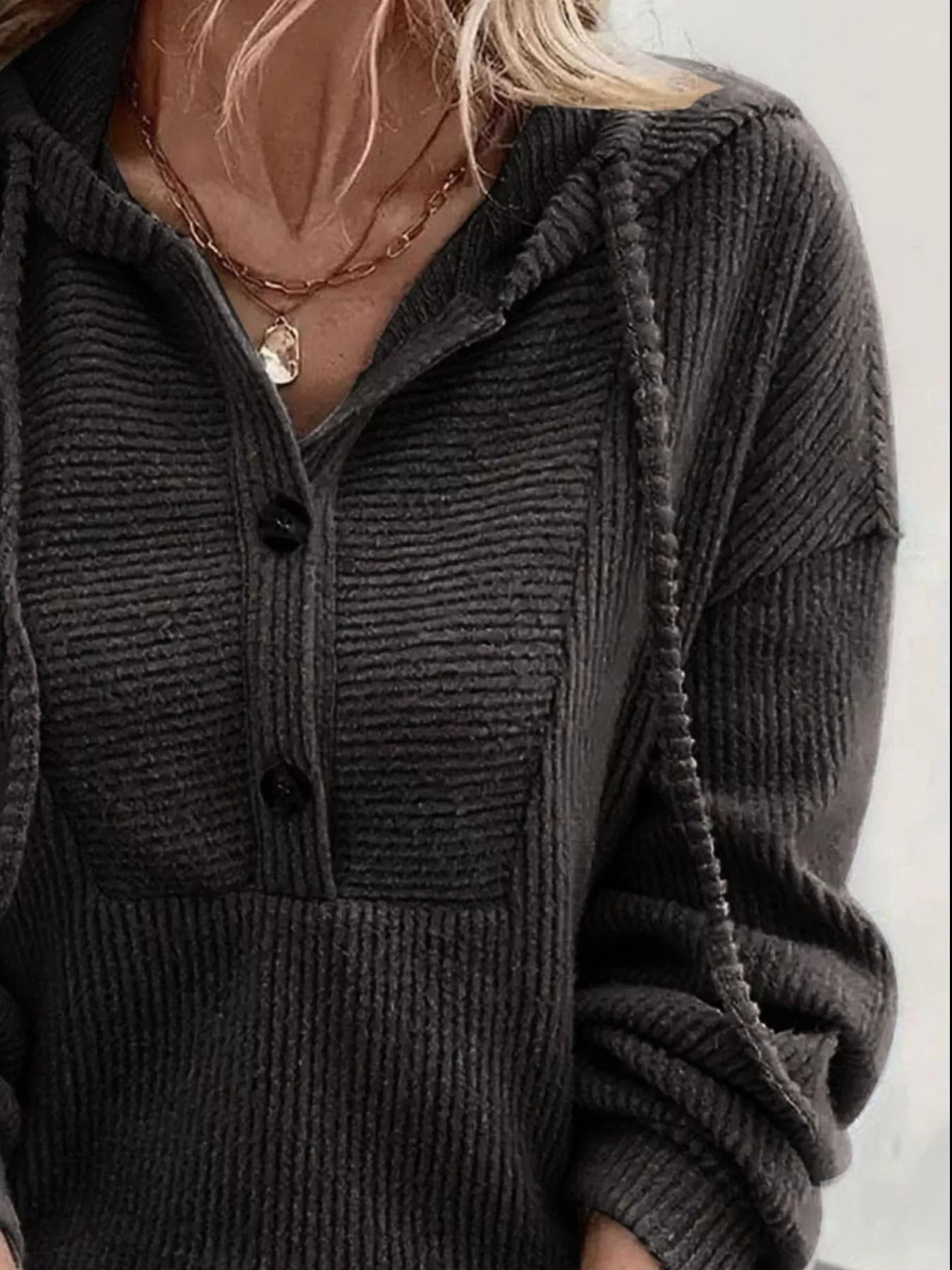 Button-Front Drawstring Hoodie OutfitFlow