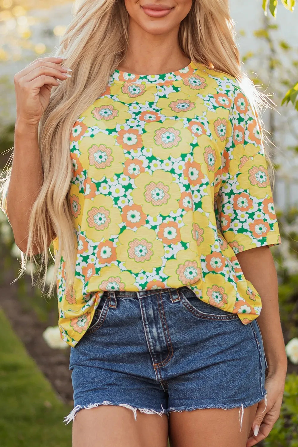 Floral Print Round Neck Oversized T-Shirt OutfitFlow